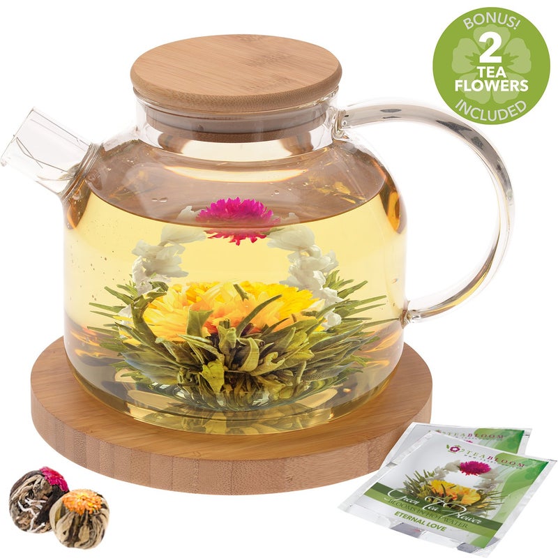 Teabloom Stovetop Safe Glass Teapot with Bamboo Lid (40oz/1200ml) + Loose Leaf Tea Filter Spout + 2 Blooming Teas + Large Bamboo Trivet - Natural Flowering Tea Gift Set - Image 2